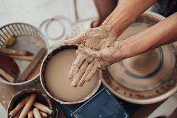Top Down View on Hands Greased in a Clay, Pottery Master at Work