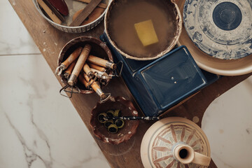 Flat Lay of Pottery Master Accessories, Potter Tools in the Ceramic Studio