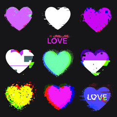 Vector abstract illustration of hearts in glitch style. Set of elements in psychedelic style. Interference, breakage, distortion.