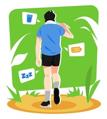 illustration of a man after exercise and tired. fatigue. includes mineral water glass icon, low battery icon, sleep icon. green background. sports theme, exercise, fitness, health