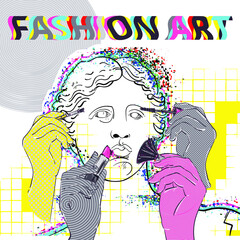 Vector abstract illustration of Greek statue of Venus de Milo in creative psychedelic style. Fashion art. Hands with a brush for shadows, blush and a brush for mascara. Makeup