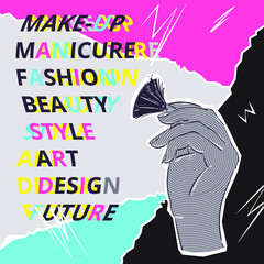 Vector abstract illustration of ricky with makeup brush in psychedelic style. Lettering. Design for poster, banner, postcard.