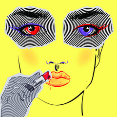Vector abstract illustration with lips with lipstick and eyes in collage technique. Bright background in psychedelic style. Magazine clippings, pop-art. Trippy