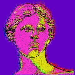 Vector abstract illustration of Greek sculpture Venus de Milo. Bright design in psychedelic style. Glitch effect, interference, breakdowns