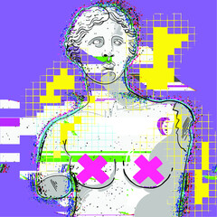 Vector abstract illustration of Greek sculpture Venus de Milo. Bright design in psychedelic style. Glitch effect, interference, breakdowns