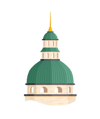 A tower with a golden spire and a green roof.