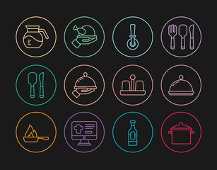 Set line Cooking pot, Covered with tray, Pizza knife, of food, Knife and spoon, Coffee, Salt pepper and Roasted turkey or chicken icon. Vector