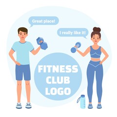 Young people lead healthy lifestyles, exercise and share their impressions of the gym. A woman and a man use dumbbells and work out. Promotional banner for a fitness center or gym. 