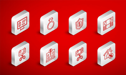 Set line House with percant discount, Diamond engagement ring, Shield dollar, Stacks paper money cash, Scissors cutting, Monitor, Bank building and credit card icon. Vector