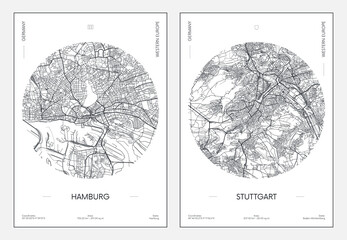 Travel poster, urban street plan city map Hamburg and Stuttgart, vector illustration
