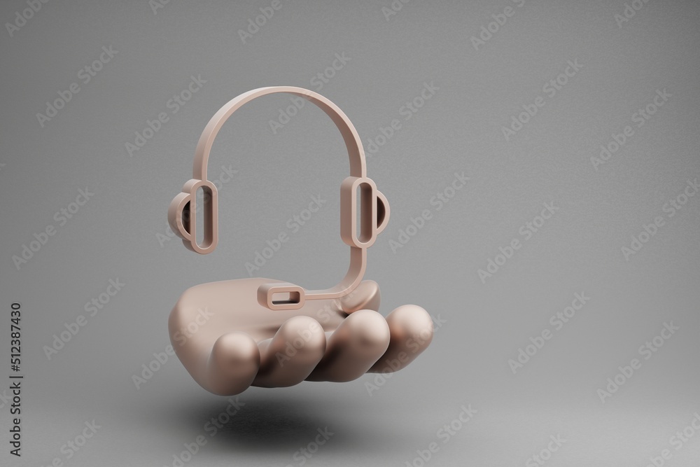 Poster beautiful abstract illustrations golden hand holding musical headphones with mic symbol icon on a gr