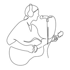 single line drawing of a male singer sing a song and play music. Vector illustration of musician artist performance concept