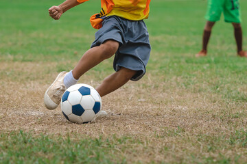 Obraz premium Football soccer children training class. Kindergarten and elementary school kids playing football in a field. Group of boys running and kicking soccer on sports grass pitch. Selective focus on ball.