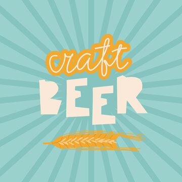 Logo for craft beer. Flat vector illustration of lettering and ear of wheat. Design for small brewery or beer festival. Retro style.