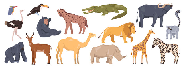 Fototapeta premium Zoo animals, African wildlife park fauna. Giraffe and lion, buffalo and gorilla, rhino and zebra, ostrich and crocodile. Mammals and birds. Flat cartoon, vector illustration