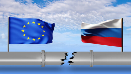 Broken pipe with Russian and EU flags. Oil supplies to Europe. Fuel market of European Union. Import fuel from Russia. Concept of fuel crisis in Europe. Embargo and sanctions on Russian oil. 3d image