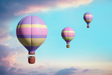Hot air balloon on the background of the sky and rainbow, colorful, baner