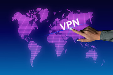 VPN on the world map. Data encryption, IP replacement, secure connection concept. Cyber security and privacy, protection of personal information