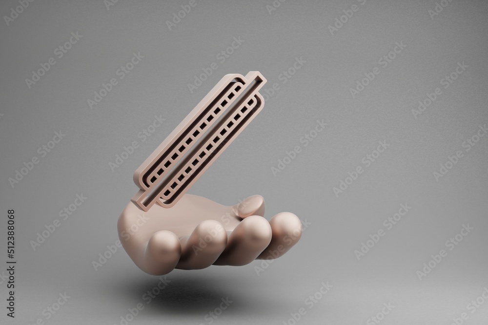 Poster beautiful abstract illustrations golden hand holding musical one harmonica symbol icon on a gray bac