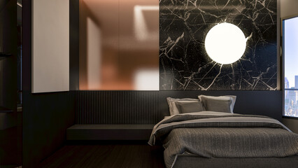 3D Rendering of Dark Bedroom with moon lamp