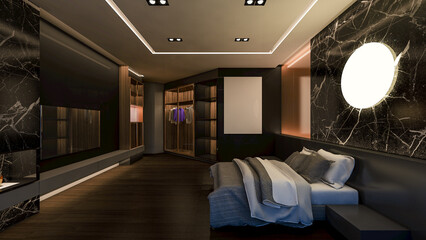 3D Rendering of Luxury Bedroom with marble wall