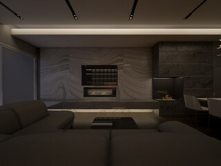 3D Rendering of Luxury living room with marble wall