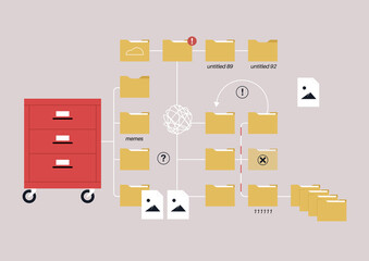 Cluttered workspace, a file directory with folders in a chaotic disorder, a poor document organizing system