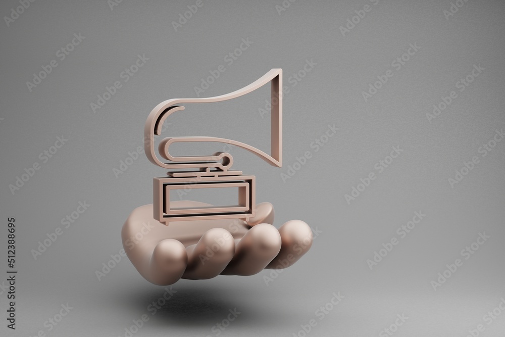 Poster beautiful abstract illustrations golden hand holding musical old gramophone symbol icon on a gray ba