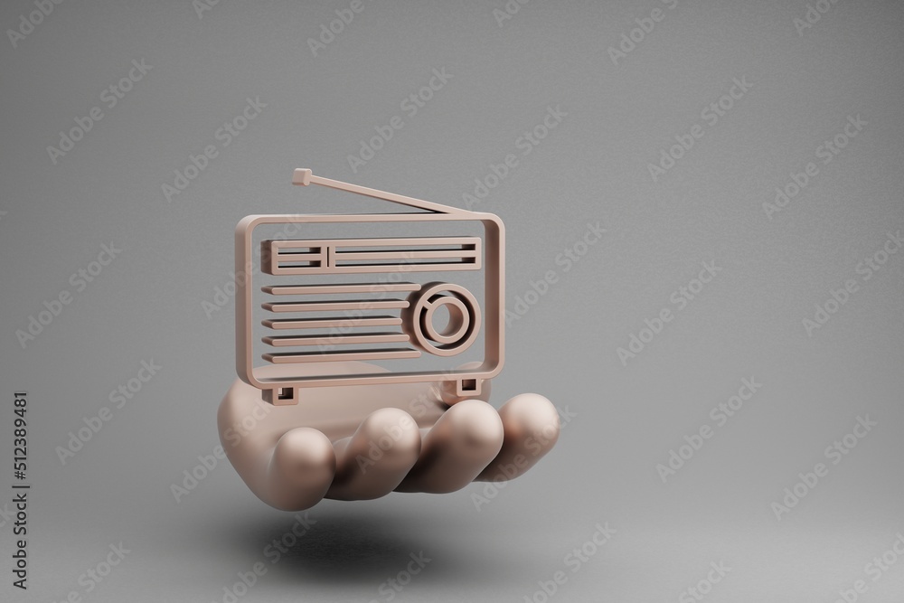 Poster Beautiful abstract illustrations Golden Hand Holding musical Old Radio with Short Antenna symbol icon on a gray background. 3d rendering illustration. Background pattern for design.
