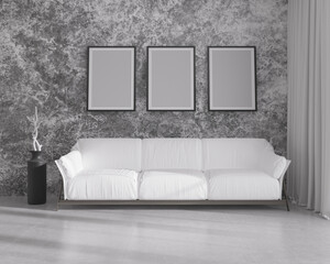 3d illustration. Black and white minimalist interior, living room interior with sofa, vases on a floor, paintings on large wall. White sofa against a gray concrete wall. 3d render