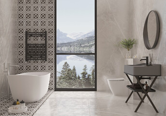 3d illustration. Stylish bathroom interior with marble floor and walls, floor ornament, toilet, panoramic windows overlooking the mountain lake. Washbasin and decor. 3d render.