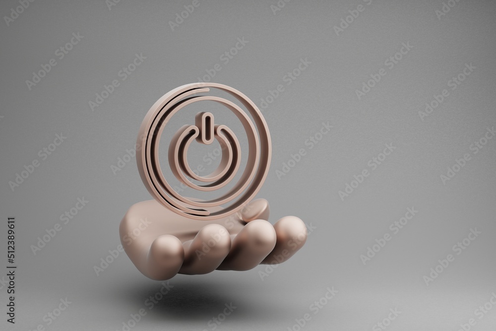 Poster beautiful abstract illustrations golden hand holding musical round power button symbol icon on a gra