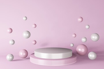 Purple white cylinder podium stage 3d render. Round pedestal design composition. Abstact minimal scene levitating geometric sphere shapes. Cosmetic products showcase presentation display background.