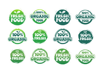 Healthy fresh organic food stickers or labels design set