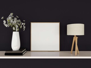 Square frame mockup with black wall, ornamental plant and table lamp. 3d rendering, interior design, 3d illustration