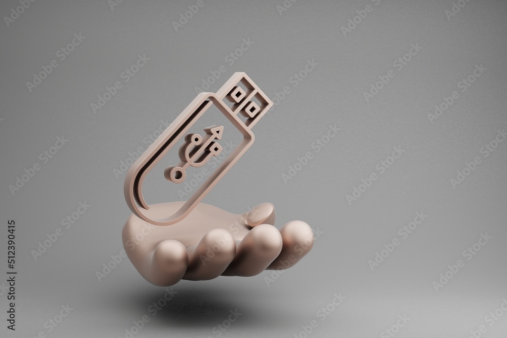 Poster Beautiful abstract illustrations Golden Hand Holding musical Pendrive Device symbol icon on a gray background. 3d rendering illustration. Background pattern for design.