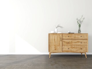 Wall mockup of a room with storage cabinet, ornamental plant, books and table decorations. 3d rendering, interior design, 3d illustration