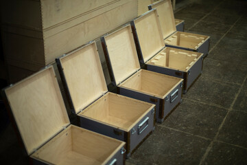 Military boxes made of wood. Furniture production. Boxes for cartridges made of board.