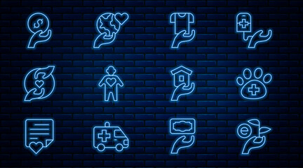 Set line Leaf in hand, Veterinary clinic, Clothes donation, Volunteer, Pleasant relationship, Donation charity, Shelter for homeless and Hand holding Earth globe icon. Vector