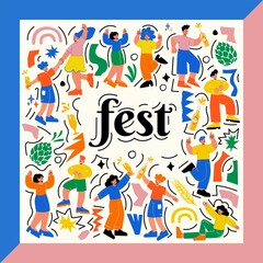 Bright, modern design with dancing people in doodle style. Best for music, summer, food and October festivals. Editable Templates. Vector illustration.