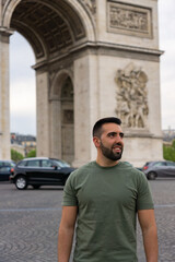 Young tourist boy visiting Paris in springtime