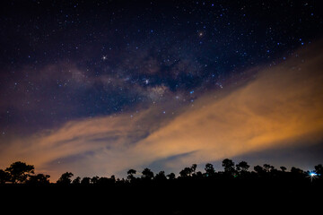 Panorama blue night sky milky way and star on dark background. Universe filled with stars, nebula and galaxy with noise and grain. select focus.with cloud cover.