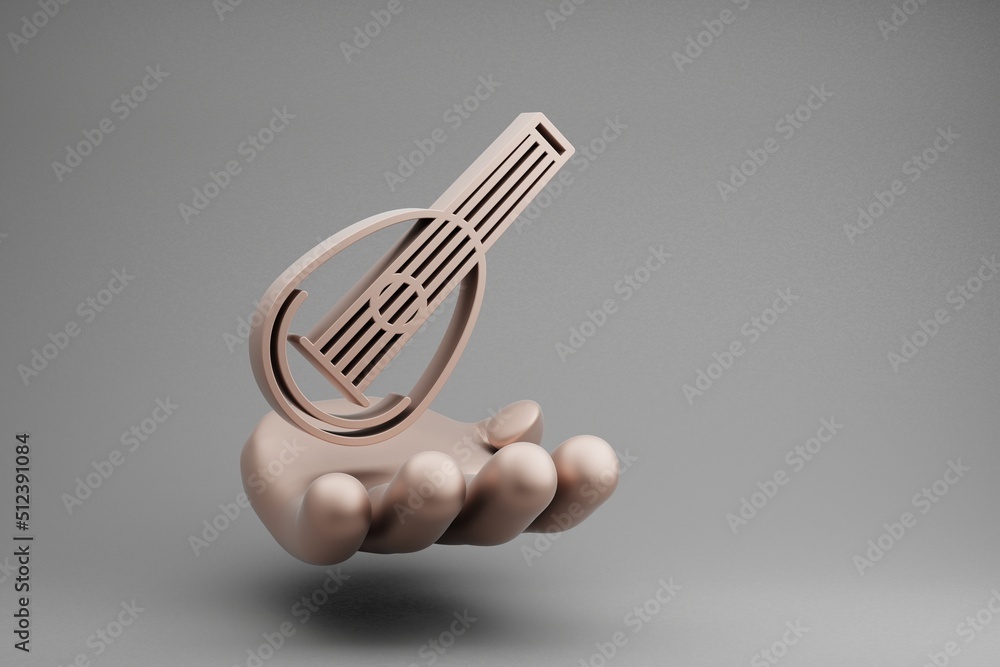 Poster beautiful abstract illustrations golden hand holding musical inclined mandolin symbol icon on a gray