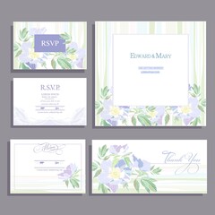 invitation wedding card with linear decorative drawing white flower, menu card, rsvp card