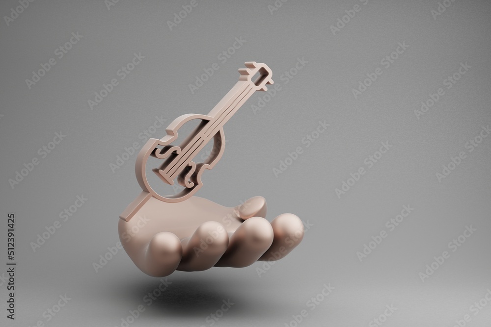 Poster beautiful abstract illustrations golden hand holding musical inclined cello symbol icon on a gray ba