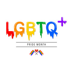 Colorful LGBTQ plus text with flag on rainbow. Lgbt concept design