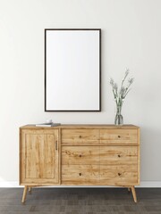 Room with a vertical frame mockup, a cabinet, an ornamental plant and books. 3d rendering, interior design, 3d illustration