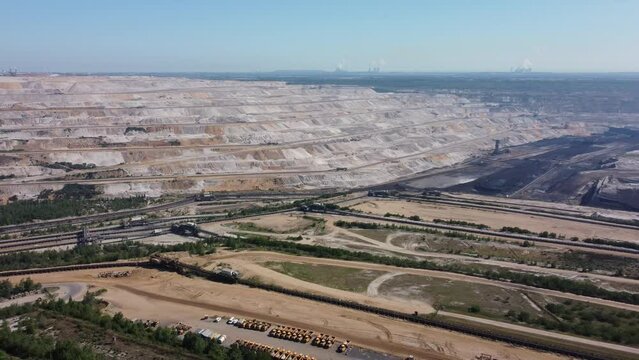 Opencast lignite mine in the Rhenish lignite mining area in Germany, Aerial backwards