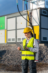 Brunette female mechanic standing outside near solar panels and holding tablet. Woman setting up alternative electricity system