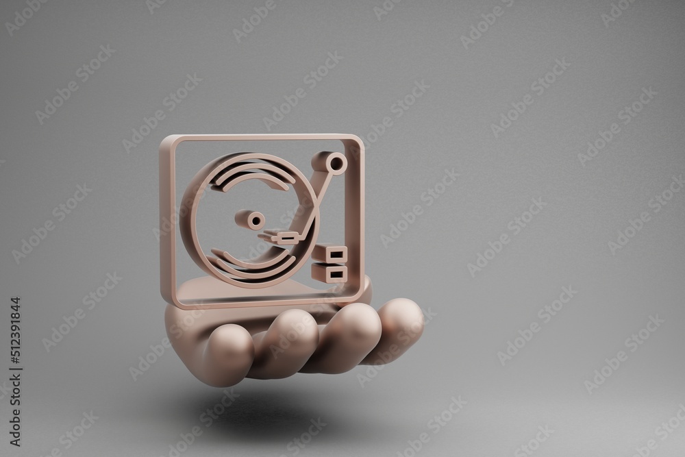 Poster beautiful abstract illustrations golden hand holding musical retro record player symbol icon on a gr